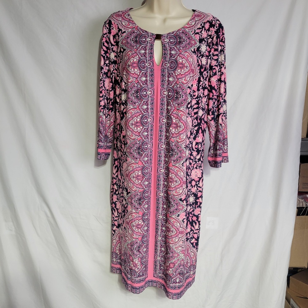 Studio One New York 3/4 Sleeve Shift Dress Pink Navy Paisley Keyhole Neck Medium